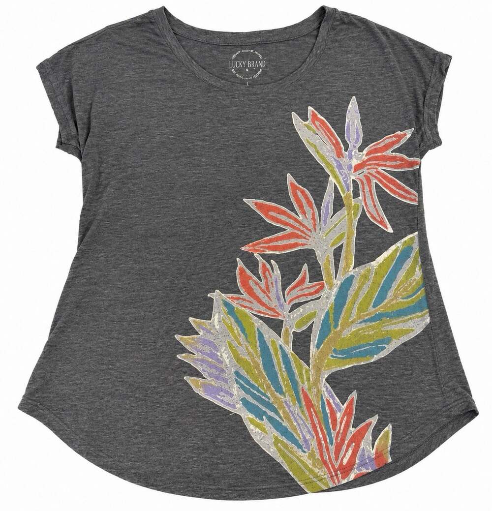 Lucky Brand Women's Medium Gray Tropical Floral Graphic Short Sleeve Tee Shirt
